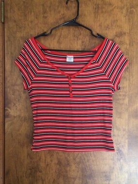 No Boundaries Red Black White Striped Crop Top
